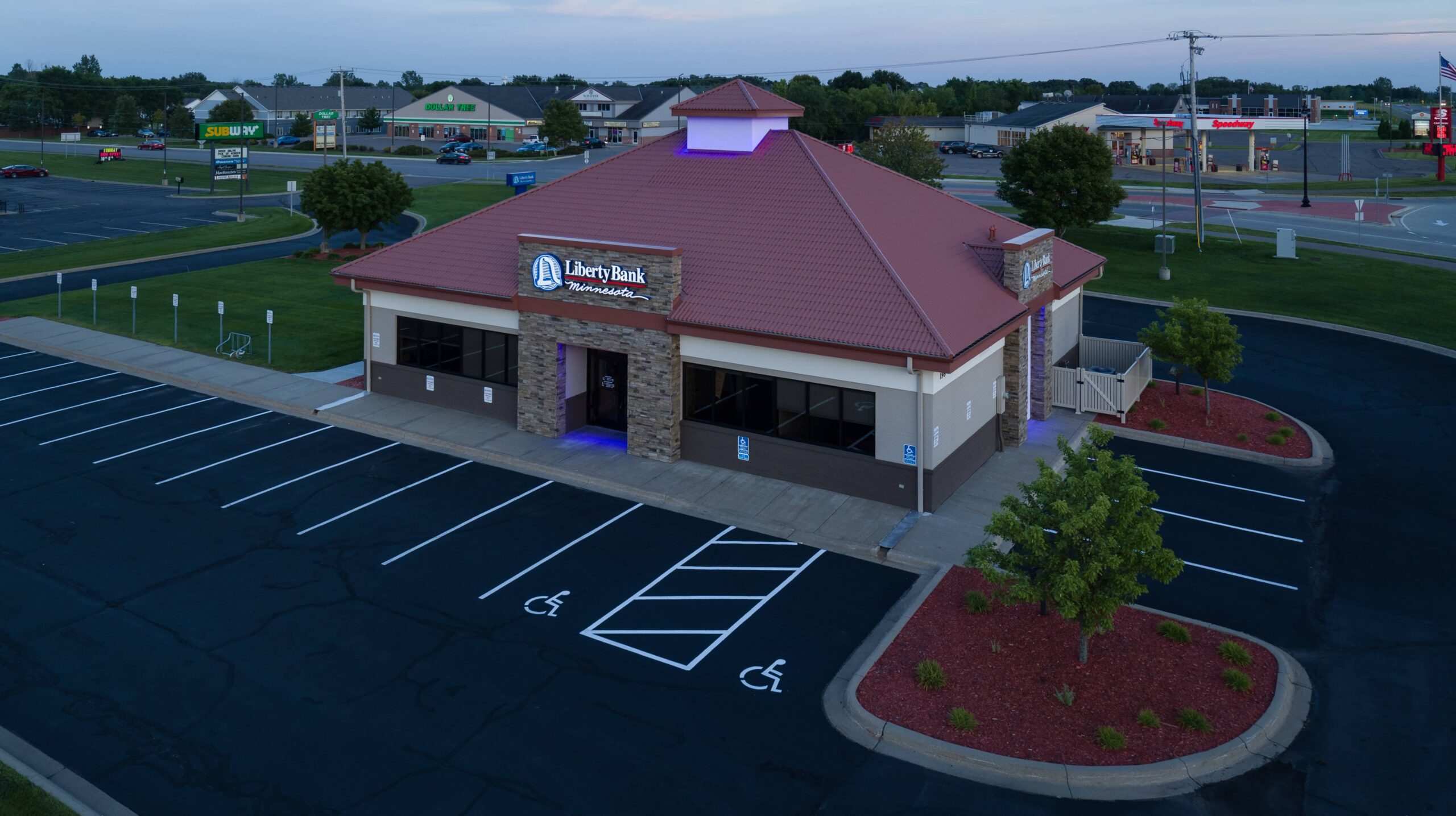 Aerial view of a Liberty Bank office in the evening