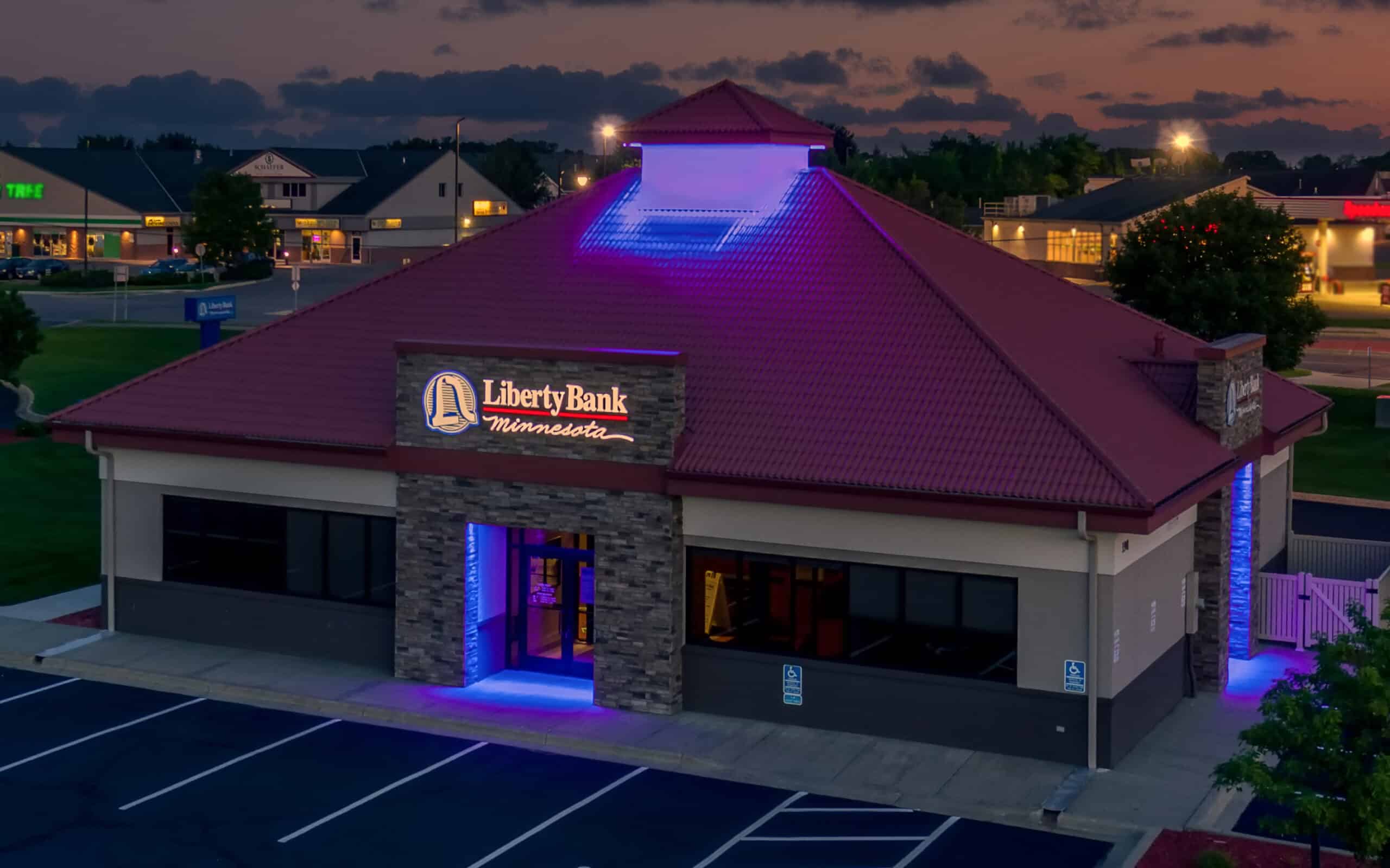 Liberty Bank exterior at night